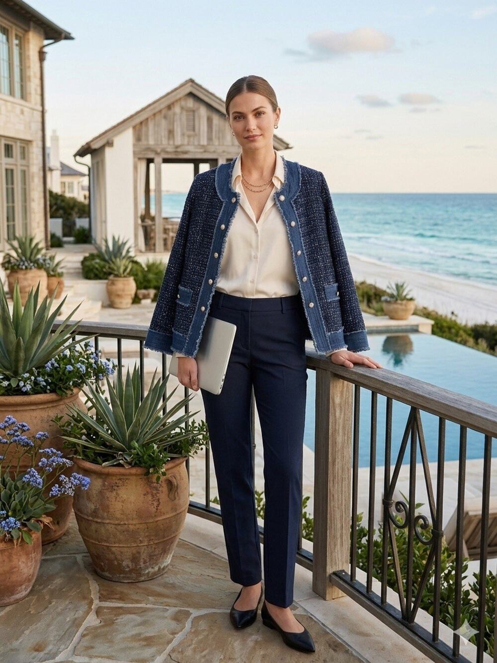 Charlie Paige Sz L Tweed & Denim Fringe Jacket Pearl Buttons Blue Textured NWT